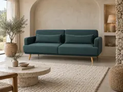 Canapé Elvis Maisons du Monde, 4 places droit convertible, coloris vert, mise en situation dans un salon (illustration IA 4)