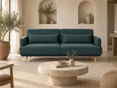 Canapé Elvis Maisons du Monde, 4 places droit convertible, coloris vert, mise en situation dans un salon (illustration IA 7)