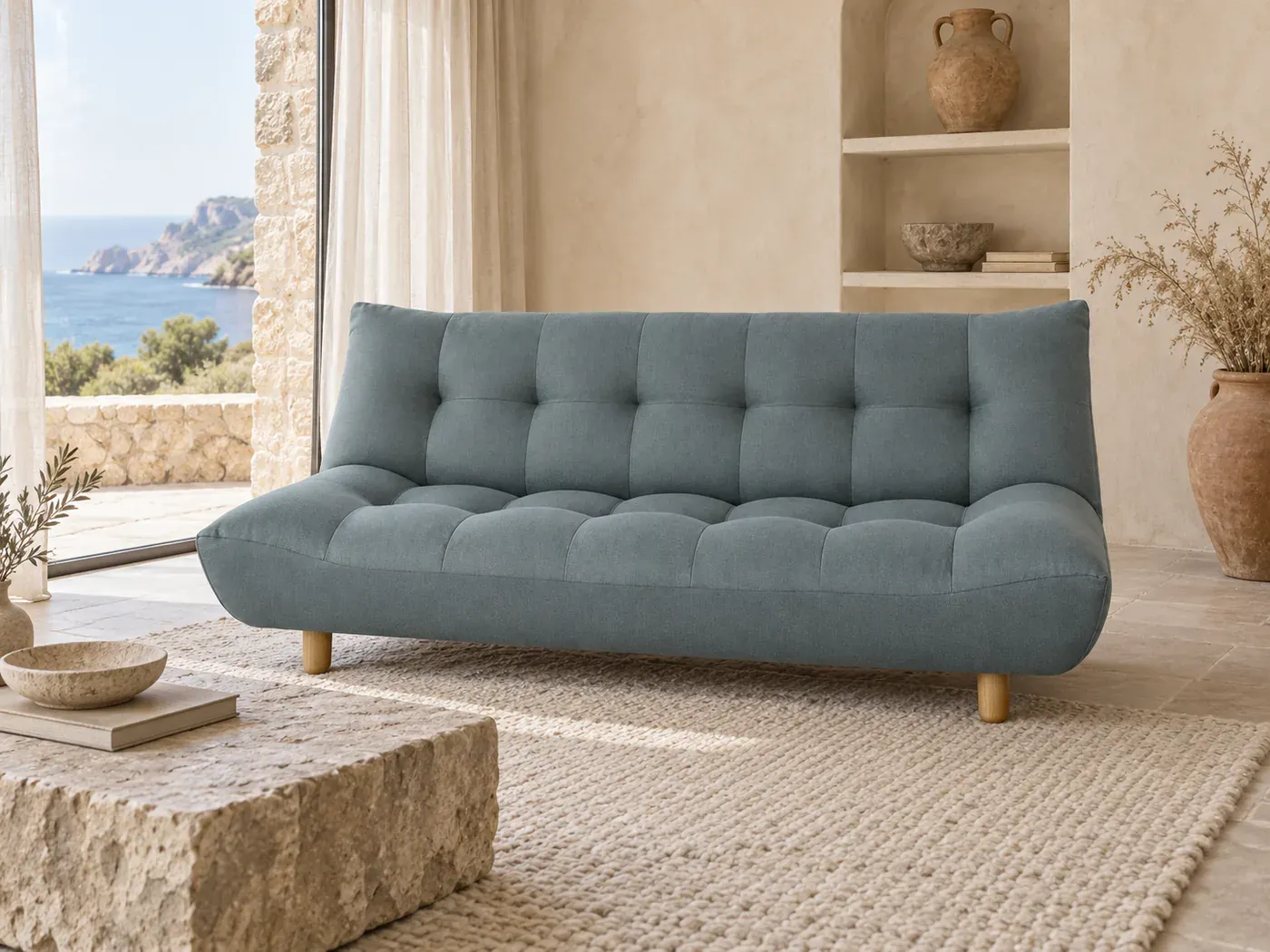 Canapé Cloud Maisons du Monde, coloris Vert d'eau (mise en situation illustrée par IA)