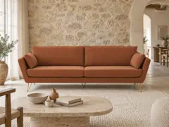 Canapé Topim La Redoute, 3 places droit fixe, velours, coloris tabac, mise en situation dans un salon (illustration IA 3)