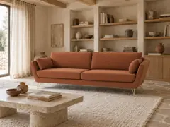 Canapé Topim La Redoute, 3 places droit fixe, velours, coloris tabac, mise en situation dans un salon (illustration IA 6)