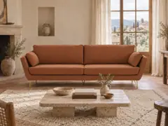 Canapé Topim La Redoute, 3 places droit fixe, velours, coloris tabac, mise en situation dans un salon (illustration IA 7)