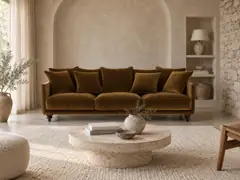 Canapé Lazare La Redoute, 3 places droit fixe, velours, coloris bronze, mise en situation dans un salon (illustration IA 4)