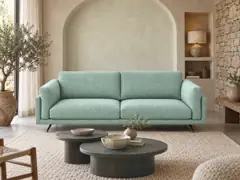 Canapé Cesar AMPM, 3 places droit fixe, coton, coloris aquamarine, mise en situation dans un salon (illustration IA 1)