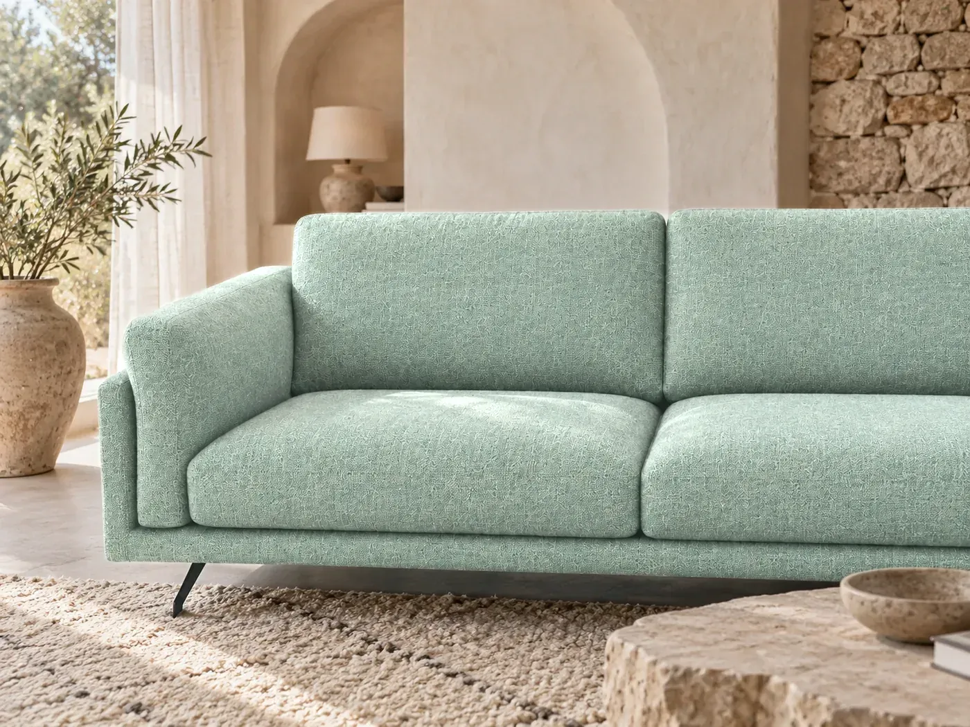 Cesar, 3 places droit fixe, coton, coloris aquamarine : gros plan sur le tissu