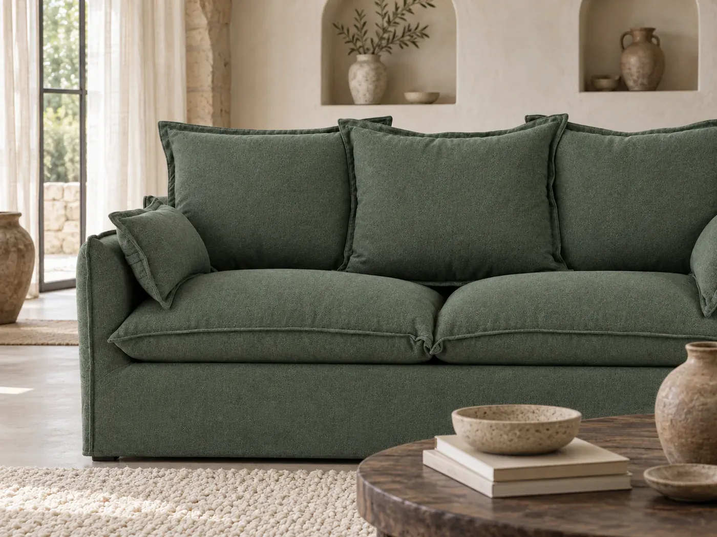 Odna, 2 places droit fixe, polyester, coloris vert forêt : gros plan sur les coussins