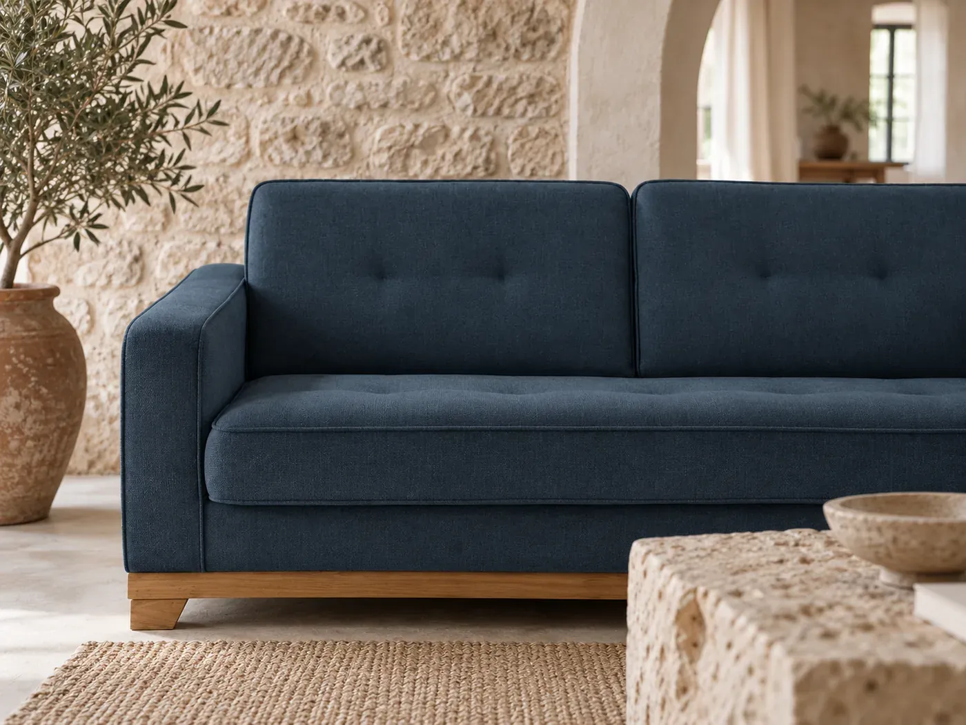 Ajis, 2 places droit fixe, polyester, coloris bleu nuit : gros plan sur les coussins