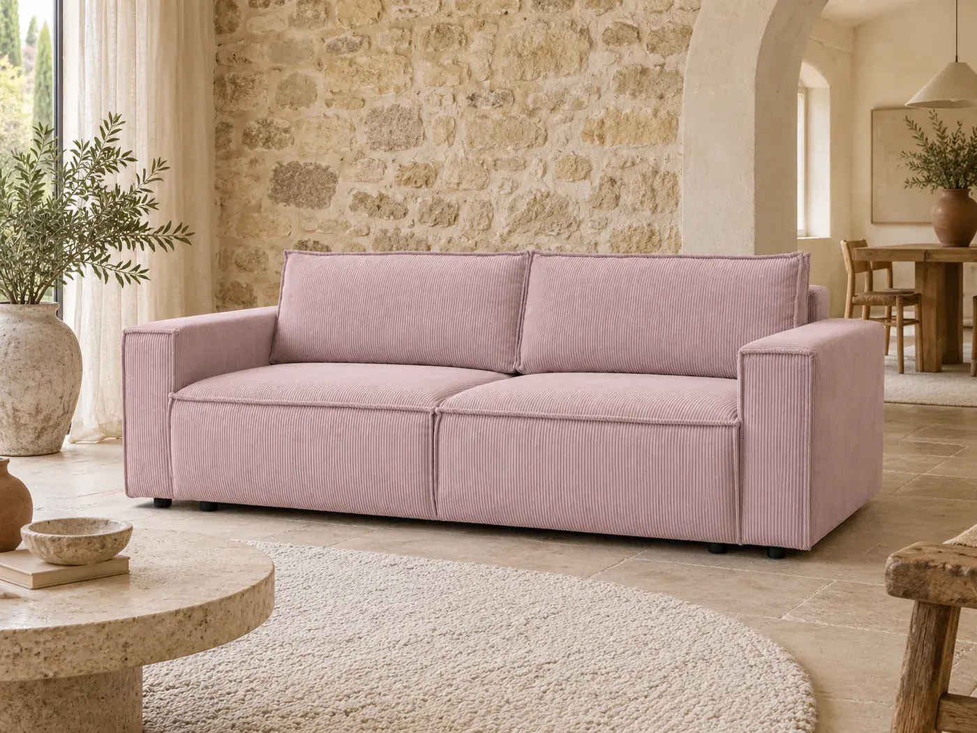 Canapé Nihad Bobochic, coloris Violet (mise en situation illustrée par IA)