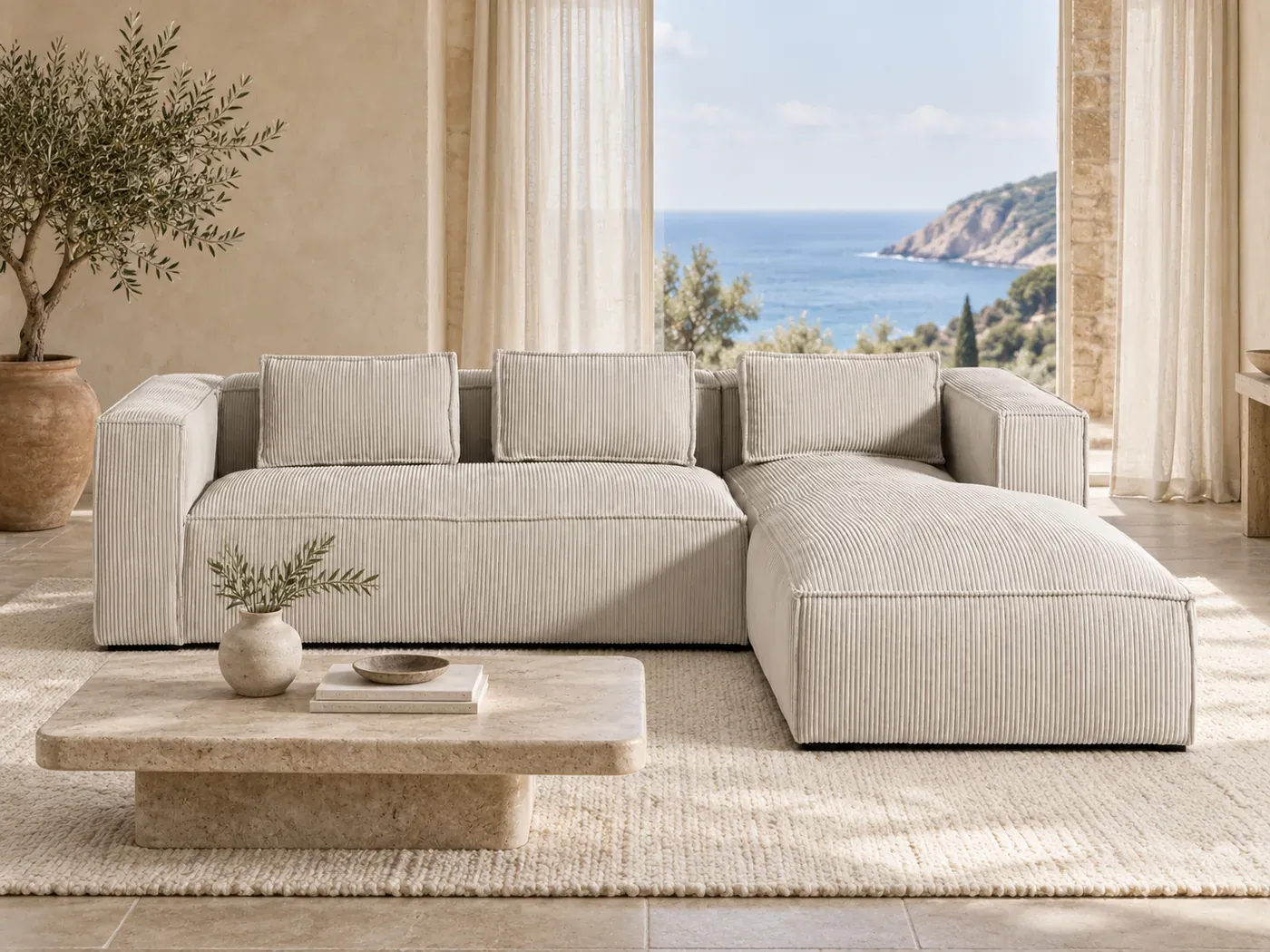 Mise en situation illustrée par IA à partir de la photo du coloris Canapé Stella Maisons du Monde, coloris Beige (mise en situation illustrée par IA)