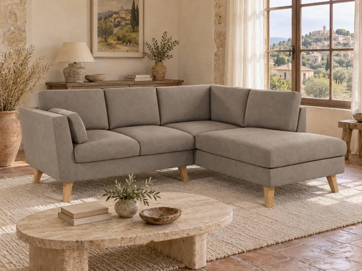 Stella, 4 places d'angle fixe, microfibre, coloris beige foncé, dans un salon
