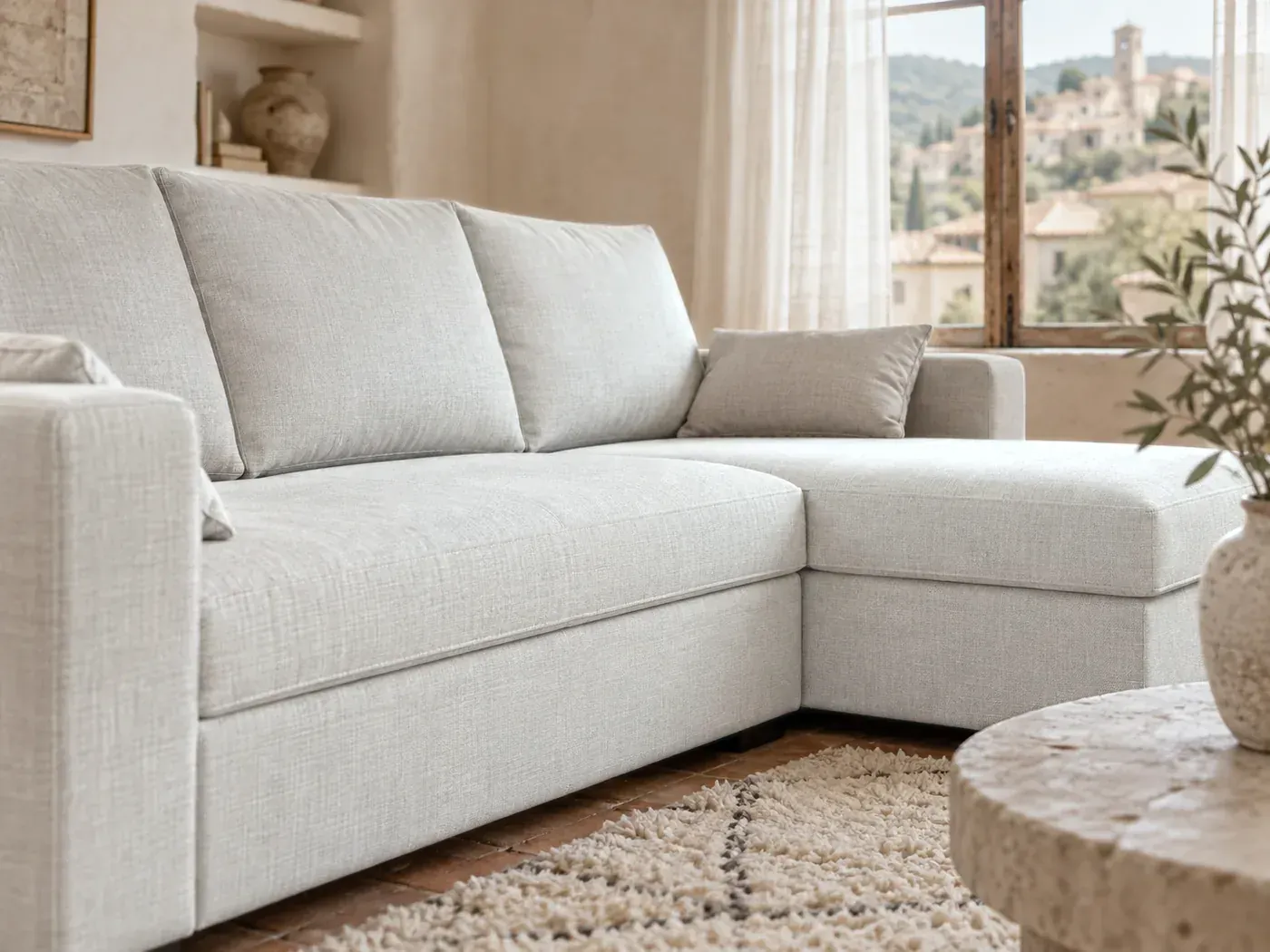 Broadway, 3 places d'angle convertible, coloris beige : gros plan sur le tissu