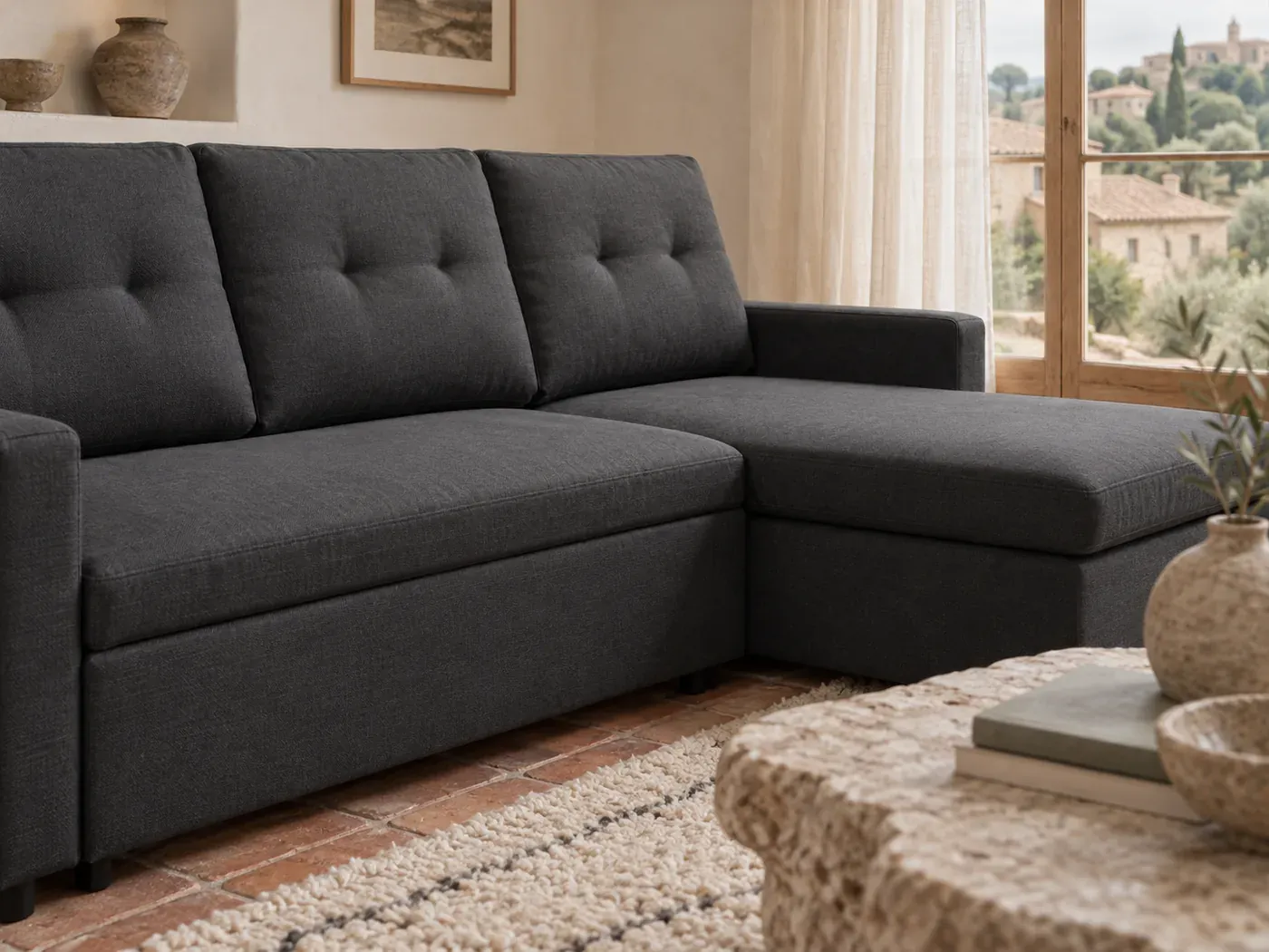 Syra, 3 places d'angle convertible, coloris gris foncé : gros plan sur le tissu