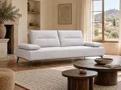 Canapé Hudson But, 3 places droit fixe, coloris beige, mise en situation dans un salon (illustration IA 1)