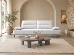 Canapé Hudson But, 3 places droit fixe, coloris beige, mise en situation dans un salon (illustration IA 4)