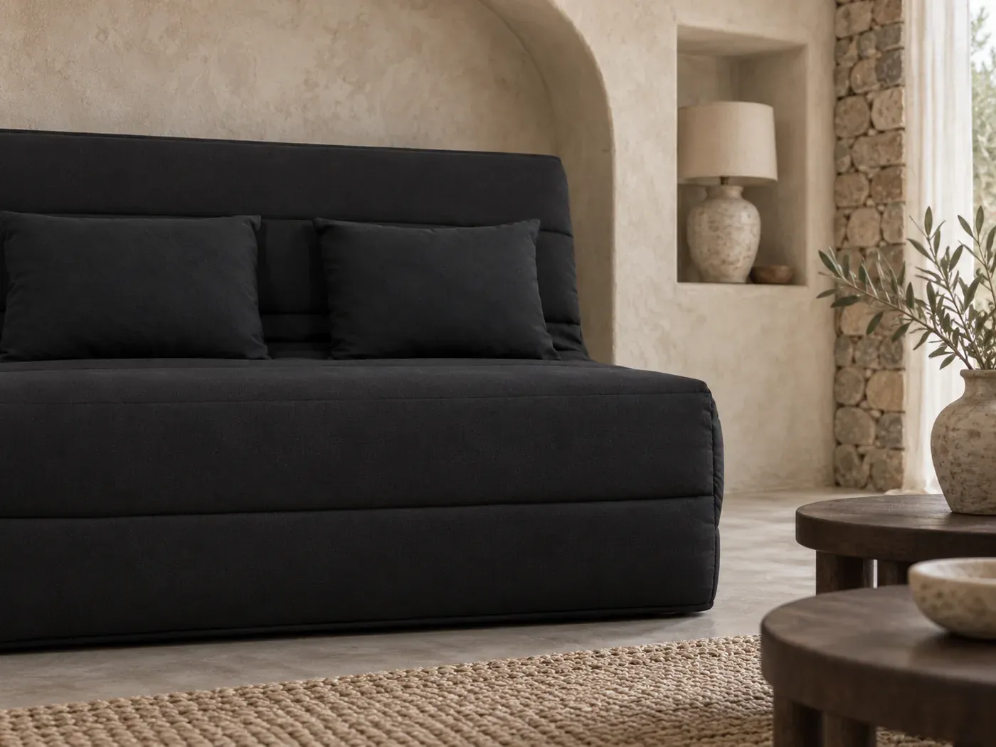 Olivia, 2 places droit convertible, tissu, coloris noir : gros plan sur le tissu