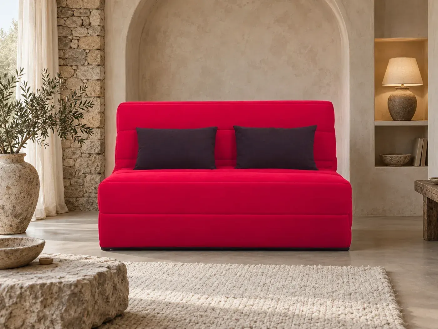 Canapé Olivia Maisons du Monde, coloris Rouge (mise en situation illustrée par IA)
