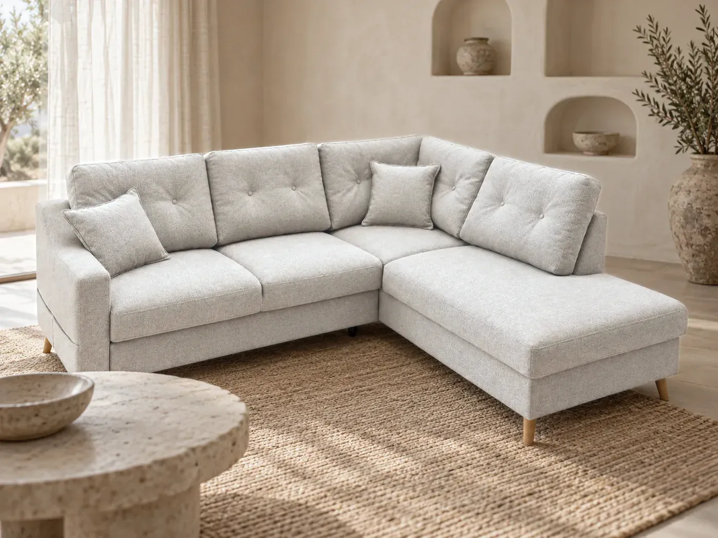 Sweden, 5 places d'angle convertible en L, coloris beige : gros plan sur les coussins
