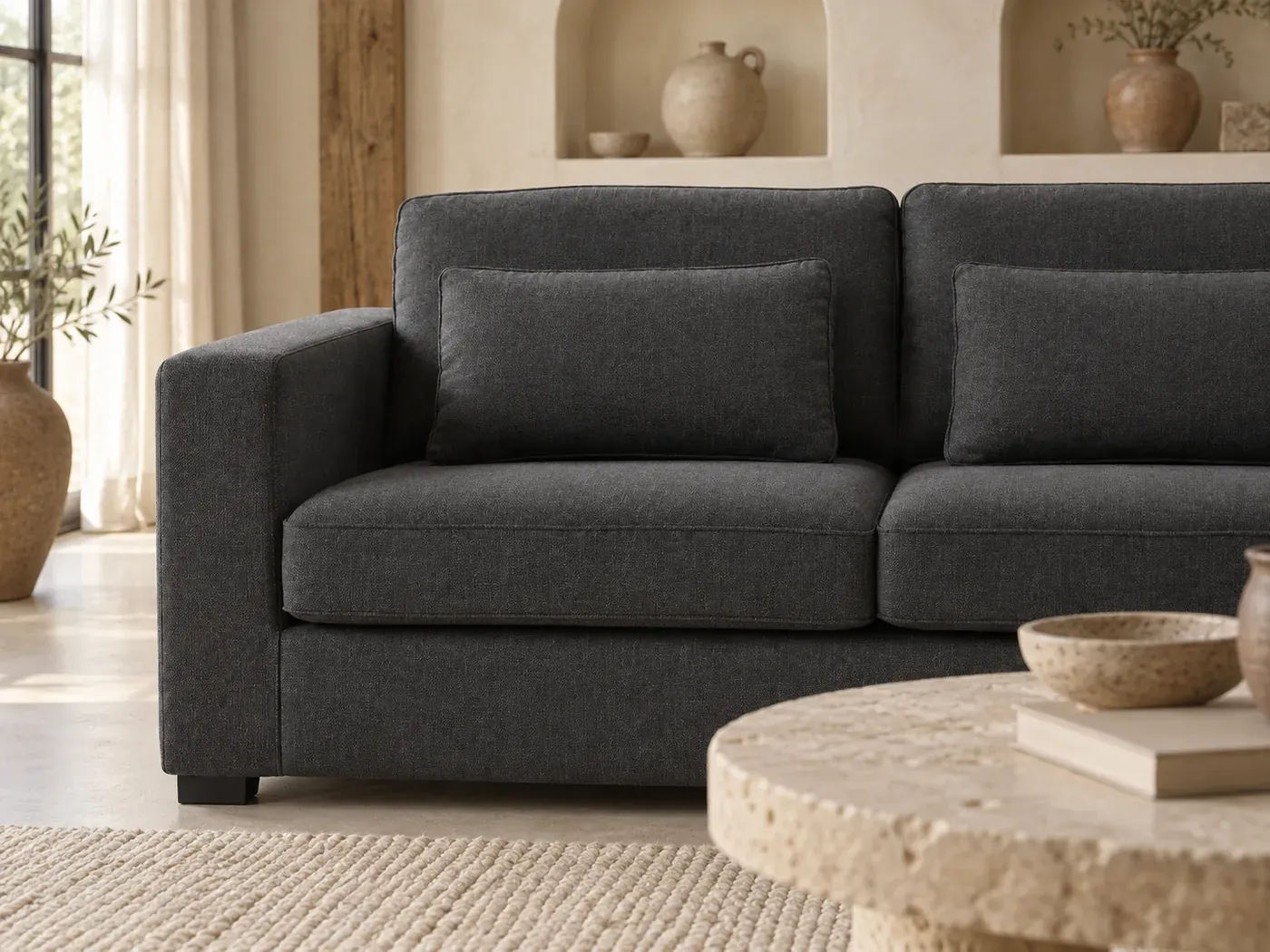 Milano, 2 places droit convertible, tissu, coloris gris anthracite : gros plan sur le tissu