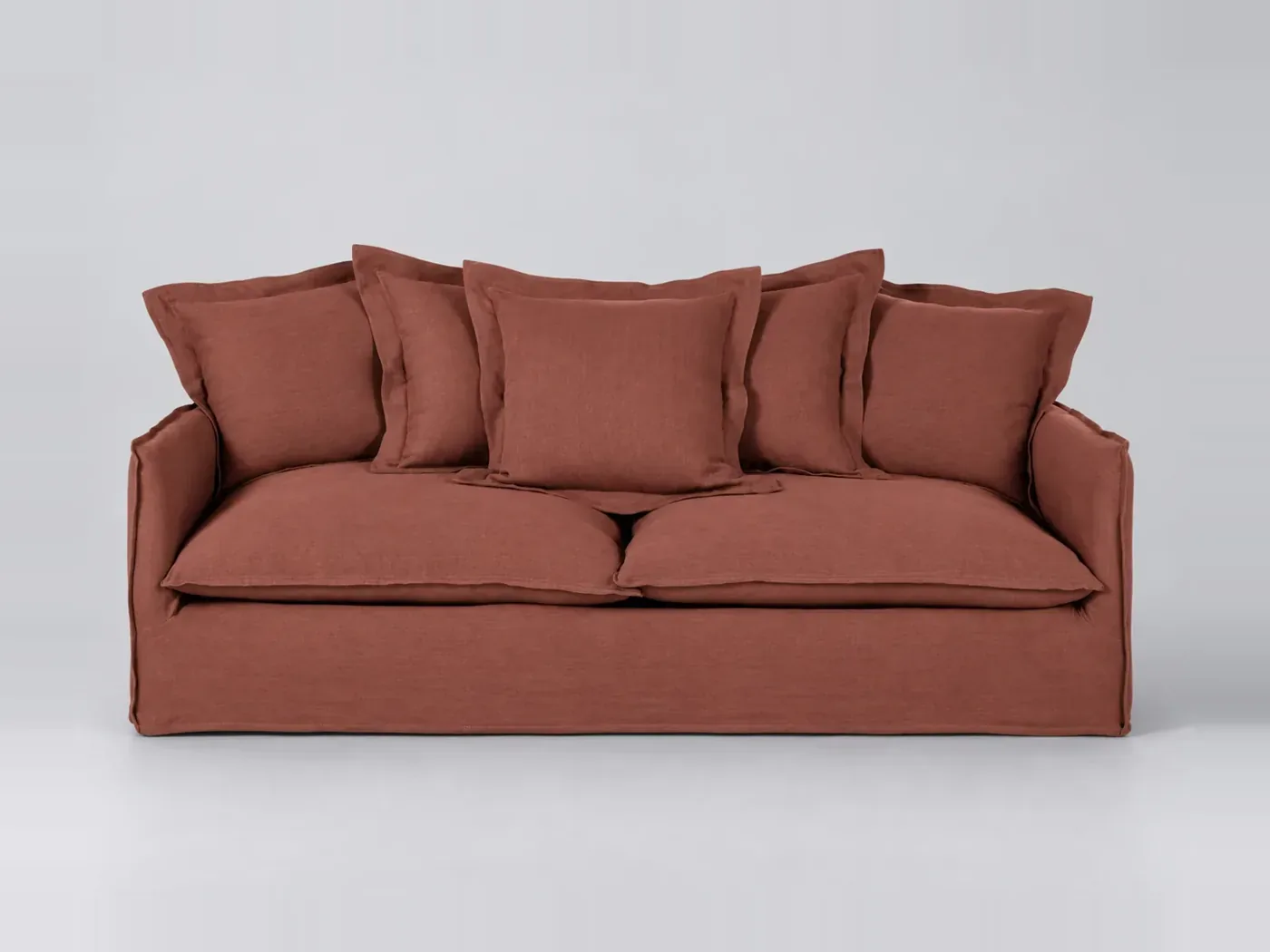 Canapé Barcelone Maisons du Monde, 3 places droit convertible, lin, coloris rouge rhubarbe