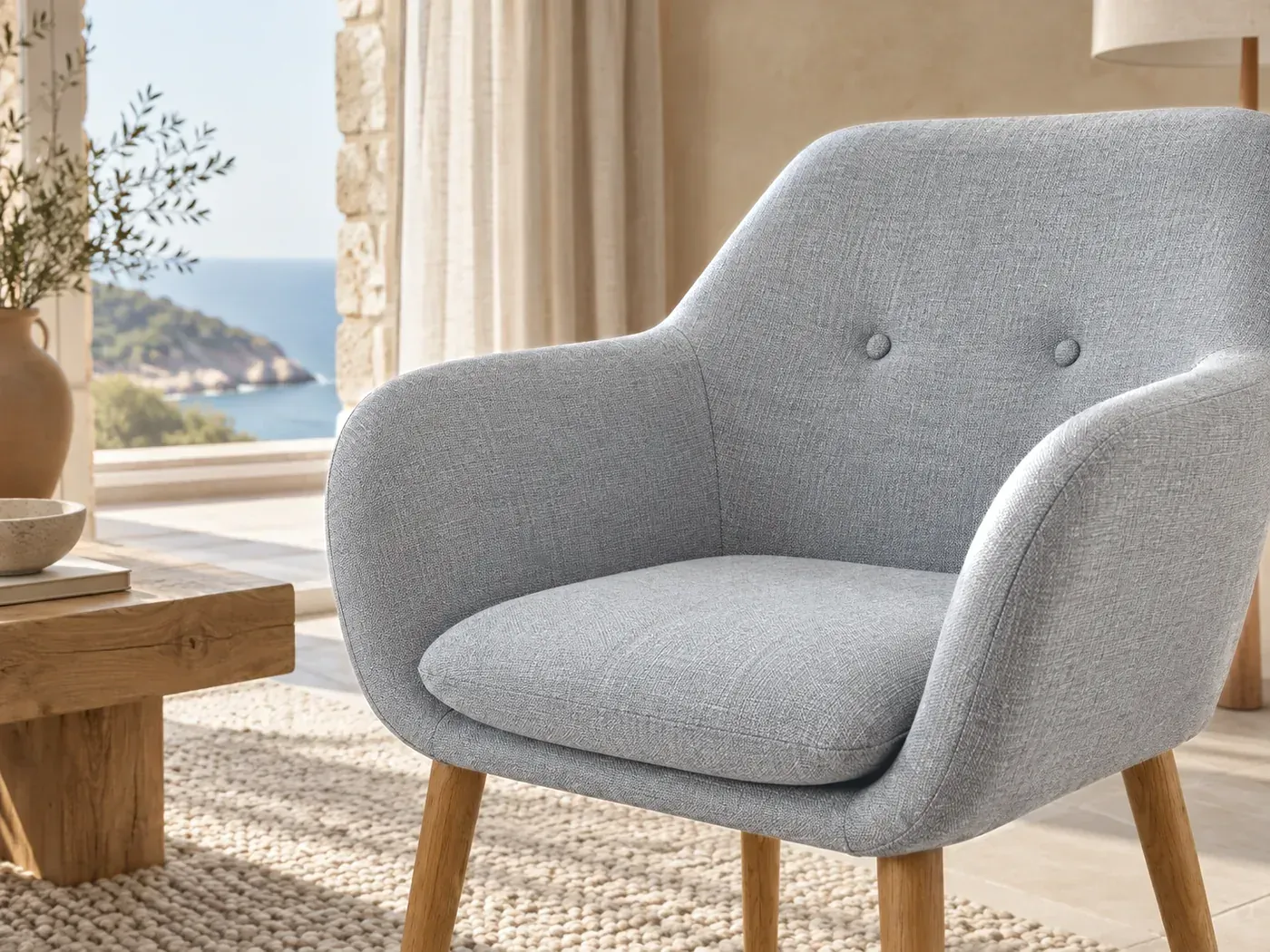 Arnold, fauteuil, tissu, coloris gris clair : gros plan sur le tissu