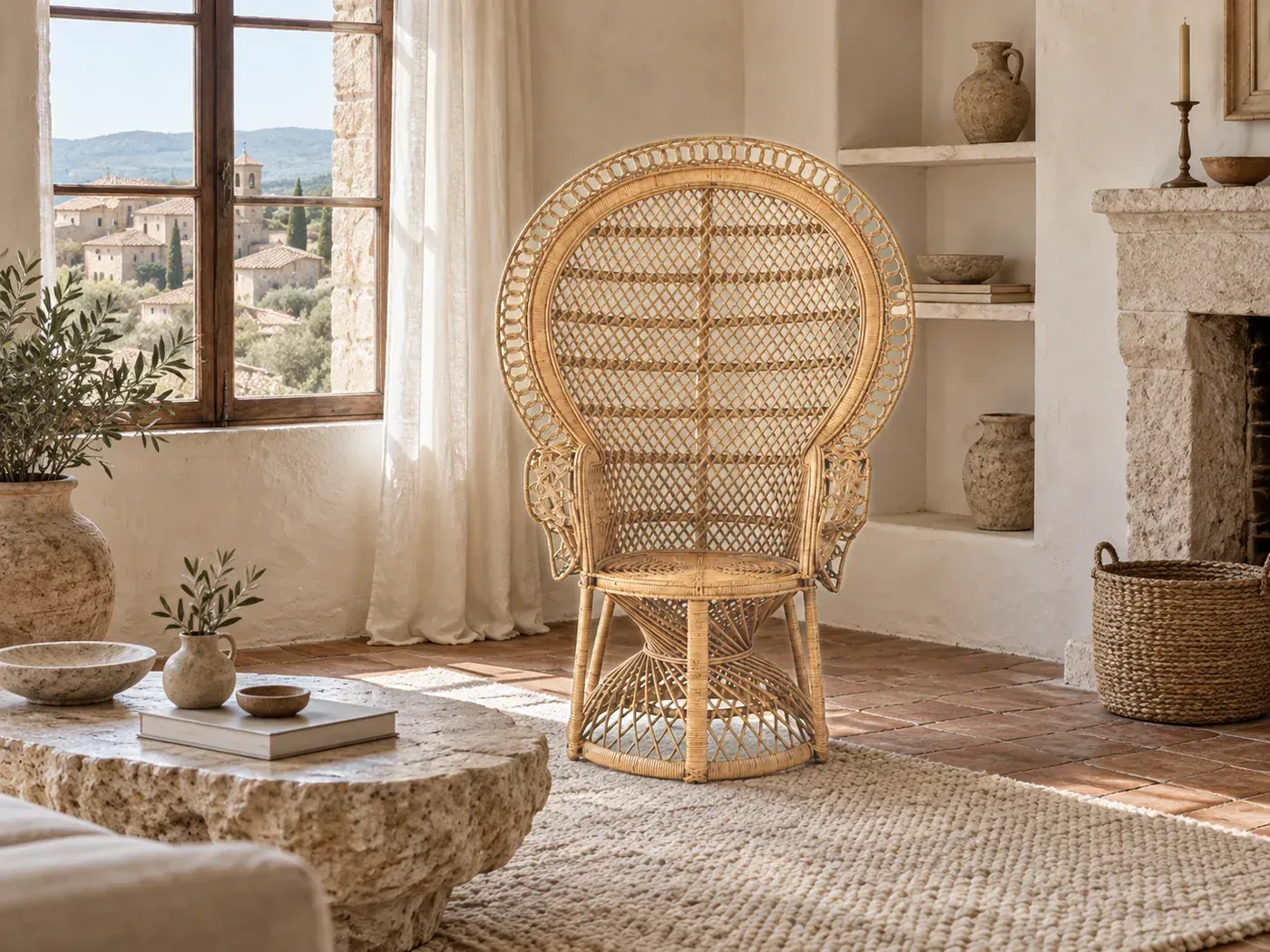 Emmanuelle, fauteuil, coloris rotin, dans un séjour provençal avec vue sur un village