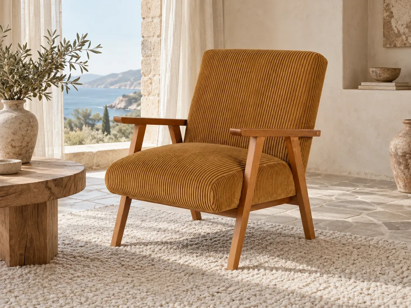 Hermann, fauteuil, velours côtelé, coloris bois de hetre et velours cotele jaune curry, dans un salon de villa avec vue sur la mer