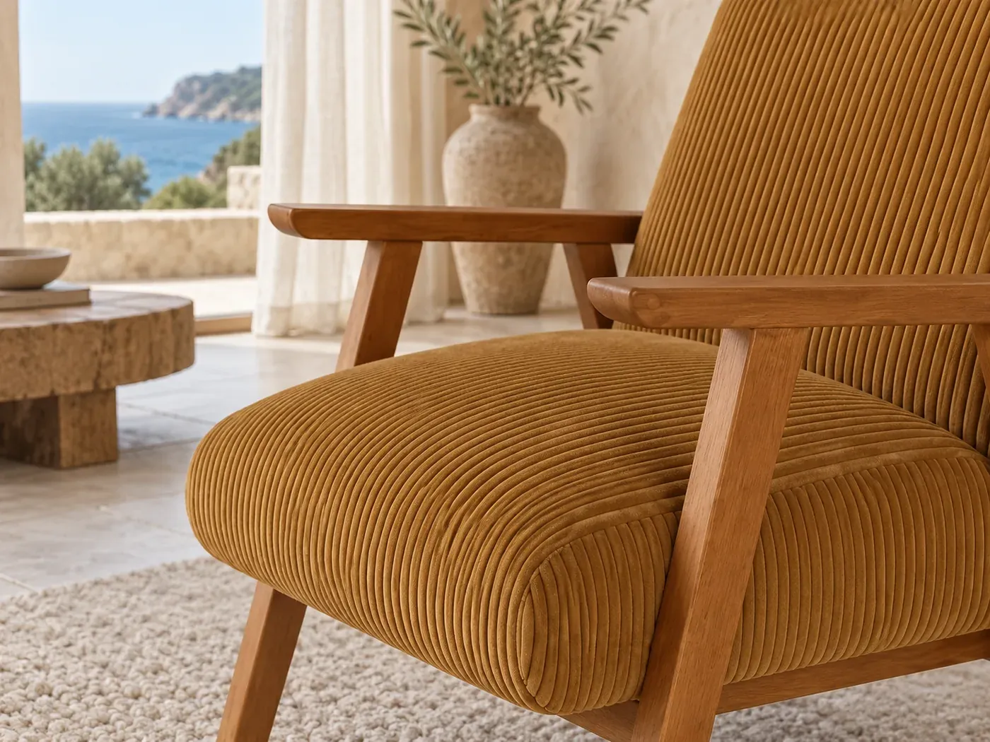 Hermann, fauteuil, velours côtelé, coloris bois de hetre et velours cotele jaune curry : gros plan sur l'accoudoir