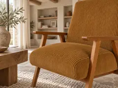 Fauteuil Hermann Maisons du Monde, velours côtelé, coloris bois de hetre et velours cotele jaune curry, mise en situation dans un salon (illustration