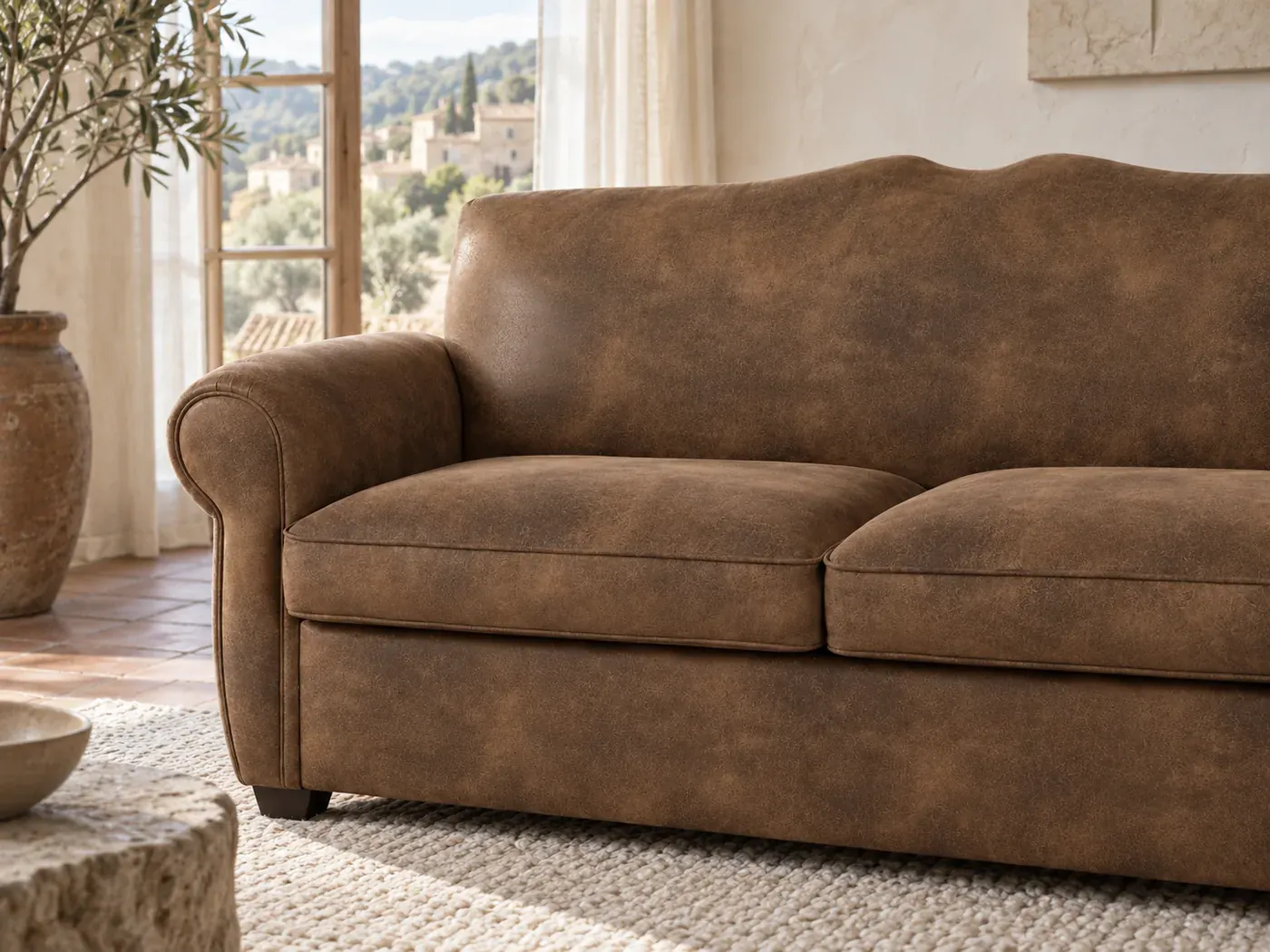 Moustache, 2 places droit convertible, suédine, coloris marron : gros plan sur les coussins