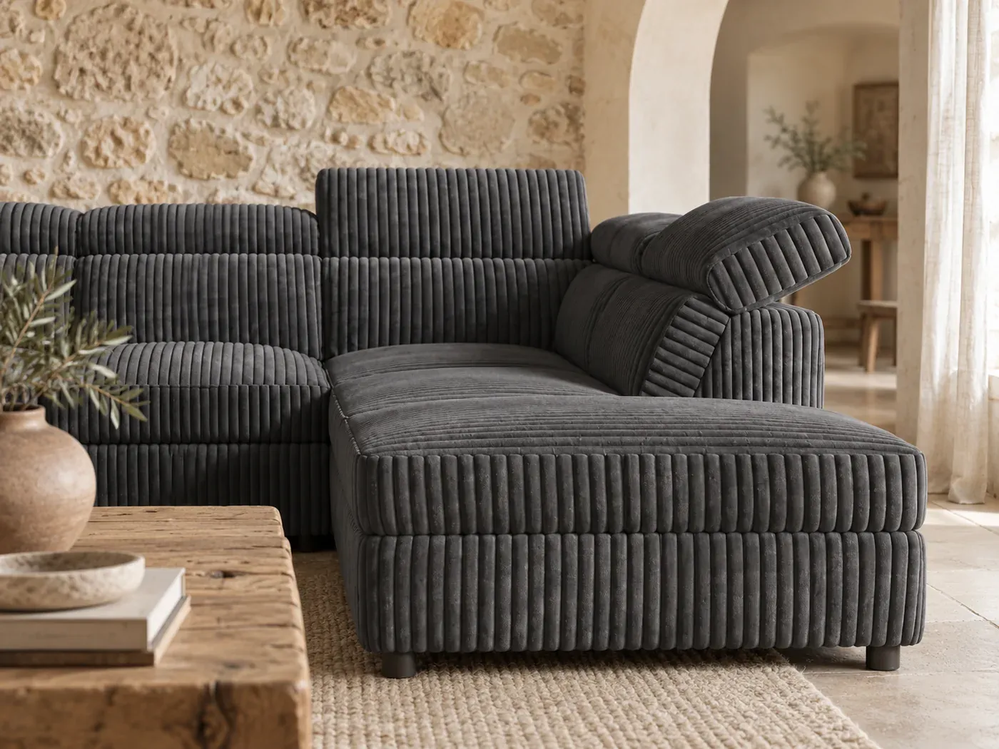 Nairobi, 5 places d'angle convertible, coloris gris : gros plan sur le tissu