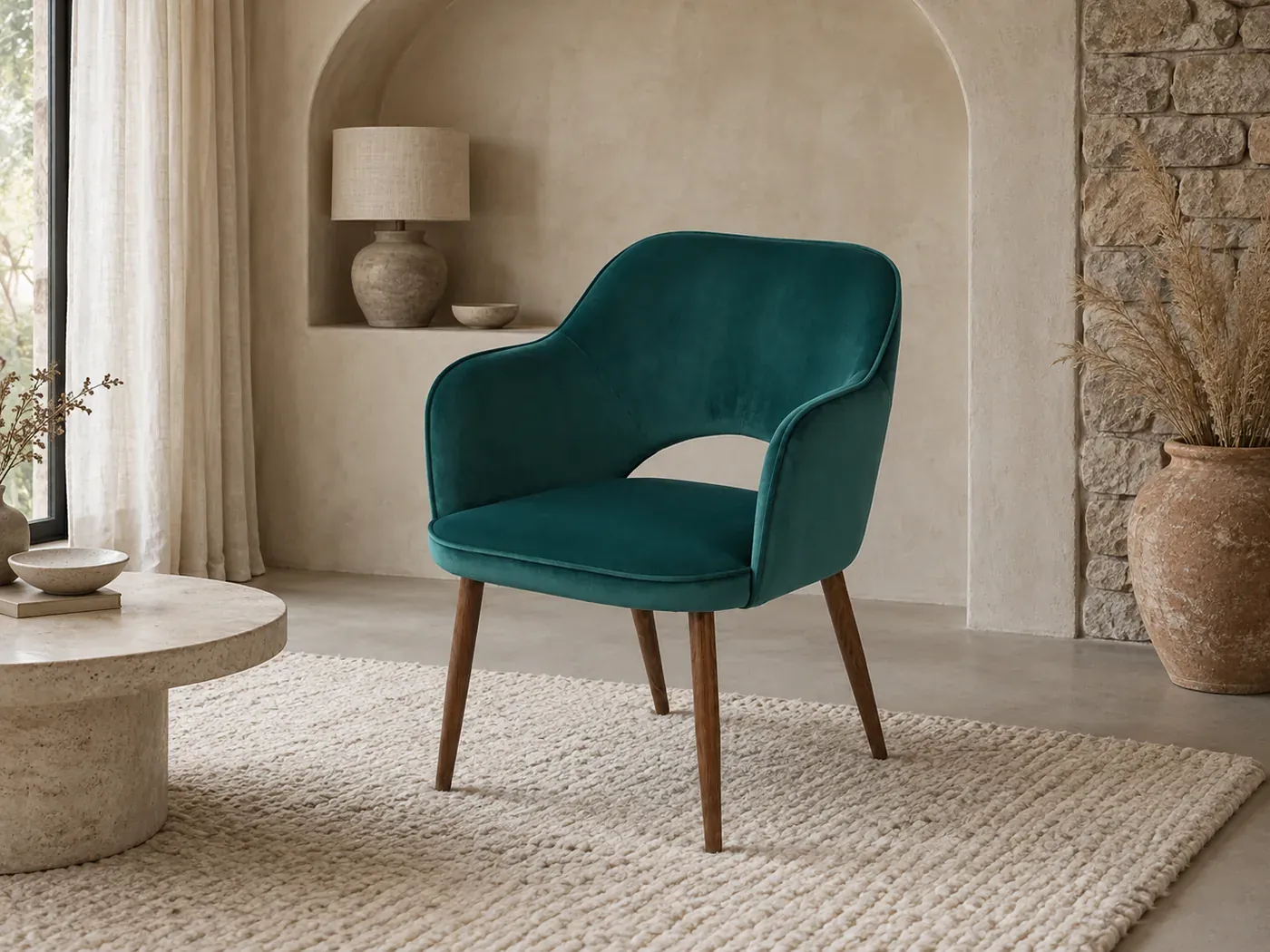 Mise en situation illustrée par IA à partir de la photo du coloris Fauteuil Sacha Maisons du Monde, coloris Vert (mise en situation illustrée par IA)