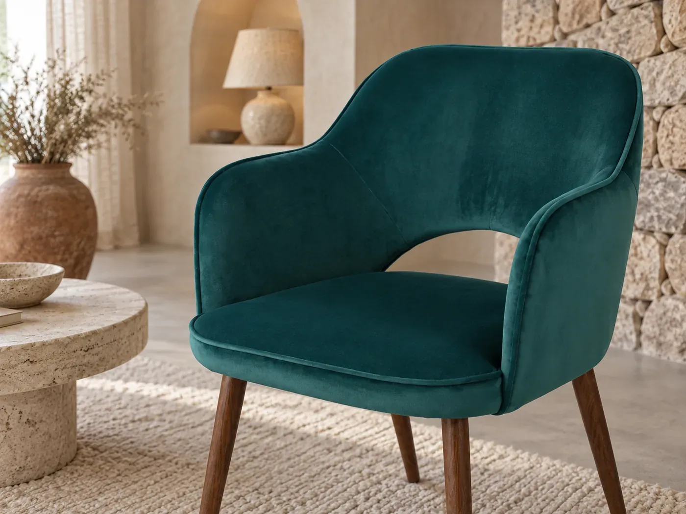 Sacha, fauteuil, velours, coloris vert : gros plan sur les coussins