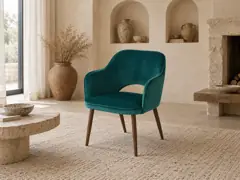 Fauteuil Sacha Maisons du Monde, velours, coloris vert, mise en situation dans un salon (illustration IA 4)