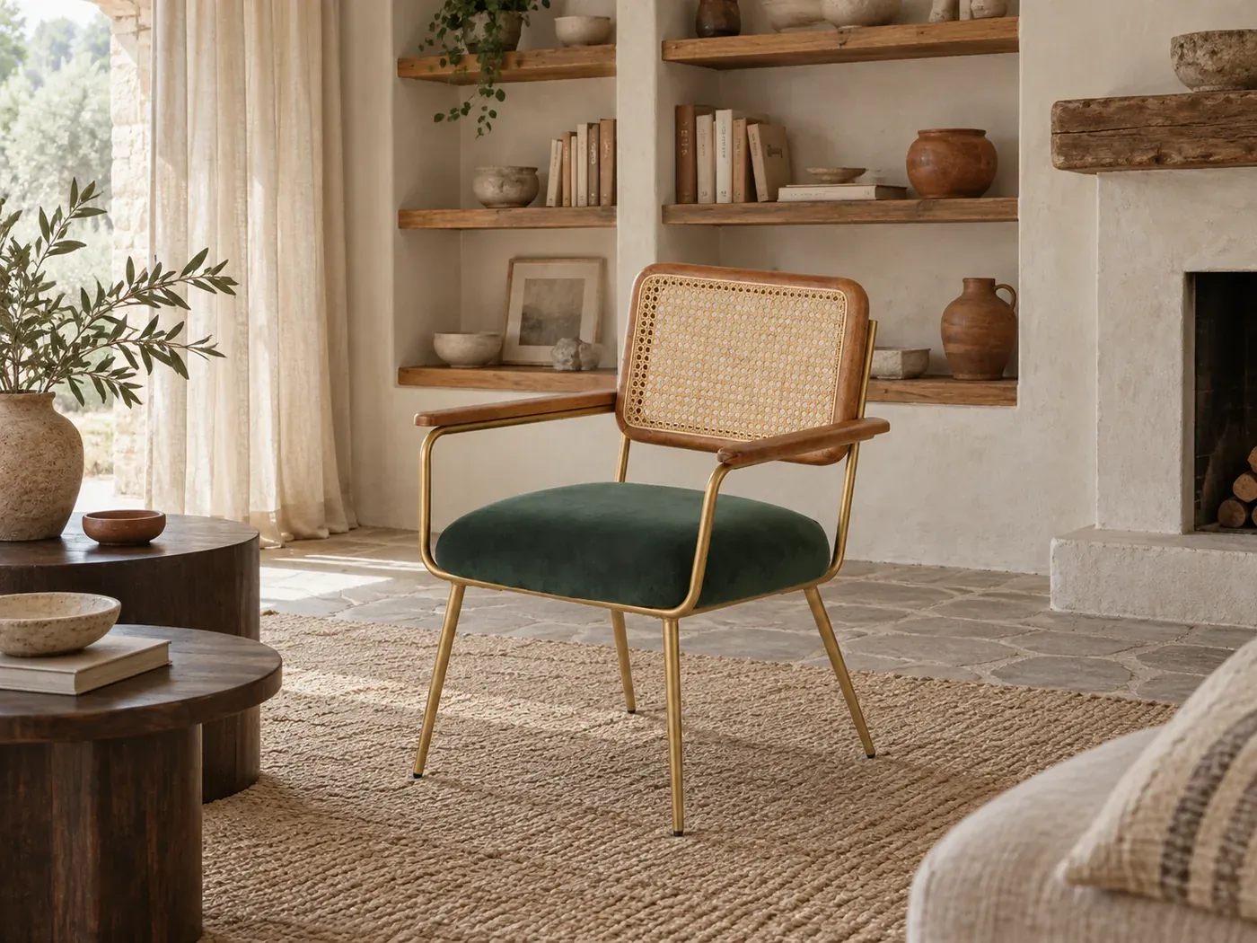 Rosalie, fauteuil, velours, coloris vert, dans un salon en pierre avec une bibliothèque en chêne