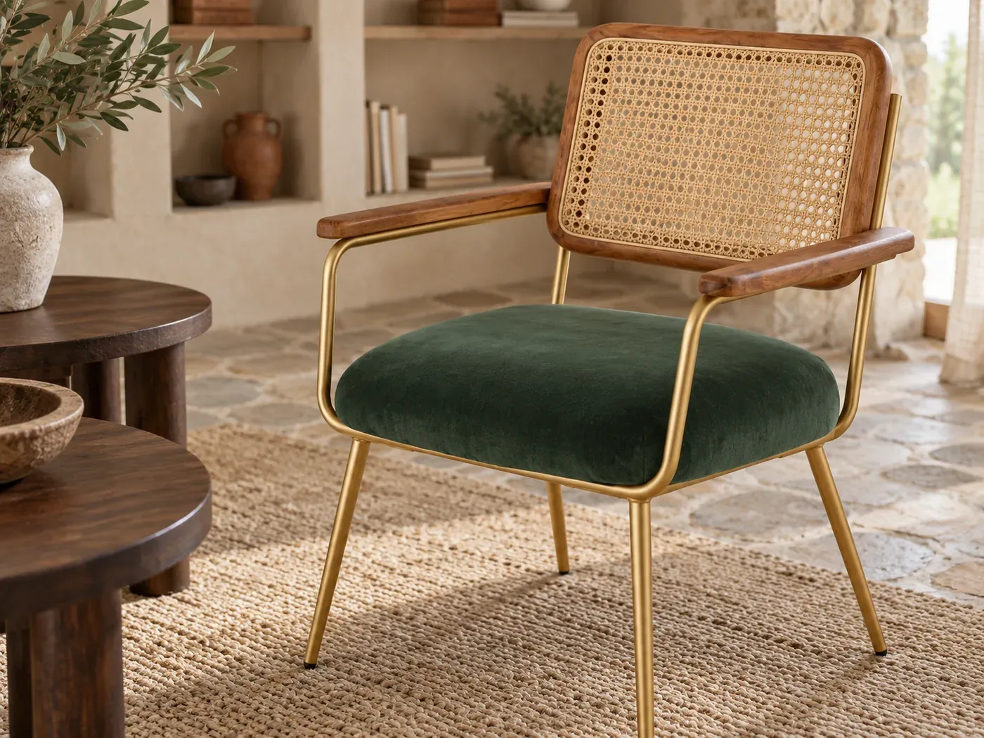Rosalie, fauteuil, velours, coloris vert : gros plan sur le tissu