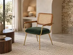 Fauteuil Rosalie Maisons du Monde, velours, coloris vert, mise en situation dans un salon (illustration IA 5)