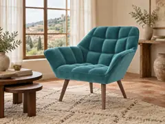 Fauteuil Simba La Redoute, droit fixe, velours, coloris bleu canard, mise en situation dans un salon (illustration IA 1)