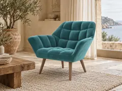 Fauteuil Simba La Redoute, droit fixe, velours, coloris bleu canard, mise en situation dans un salon (illustration IA 3)