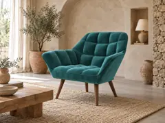 Fauteuil Simba La Redoute, droit fixe, velours, coloris bleu canard, mise en situation dans un salon (illustration IA 4)