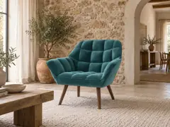 Fauteuil Simba La Redoute, droit fixe, velours, coloris bleu canard, mise en situation dans un salon (illustration IA 5)