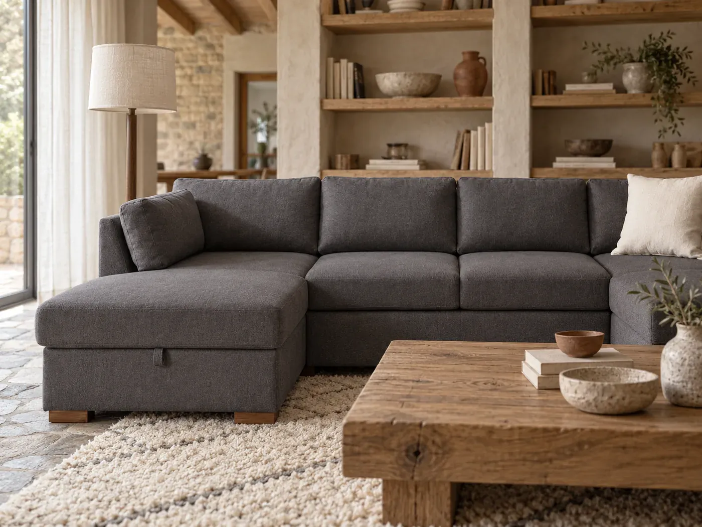 Times Square, 7 places panoramique convertible, tissu, coloris gris : gros plan sur les coussins