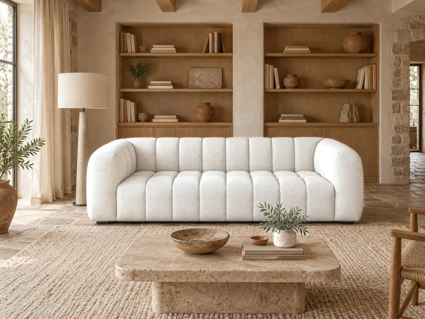 Lilo, 3 places droit fixe, tissu, coloris beige sable, dans un salon en pierre avec une bibliothèque en chêne