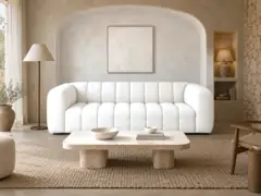Canapé Lilo Maisons du Monde, 3 places droit fixe, coloris beige sable, mise en situation dans un salon (illustration IA 6)