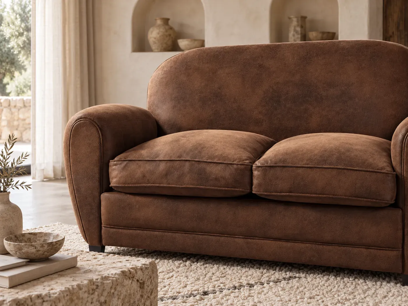 Arizona, 2 places droit fixe, tissu, coloris microsuede marron : gros plan sur le tissu