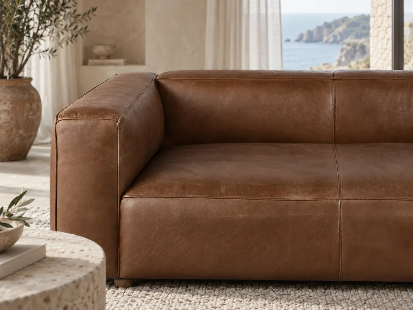 Neo John, 3 places droit fixe, cuir, coloris marron : gros plan sur le tissu