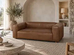 Canapé Neo John Maisons du Monde, 3 places droit fixe, cuir, coloris marron, mise en situation dans un salon (illustration IA 3)