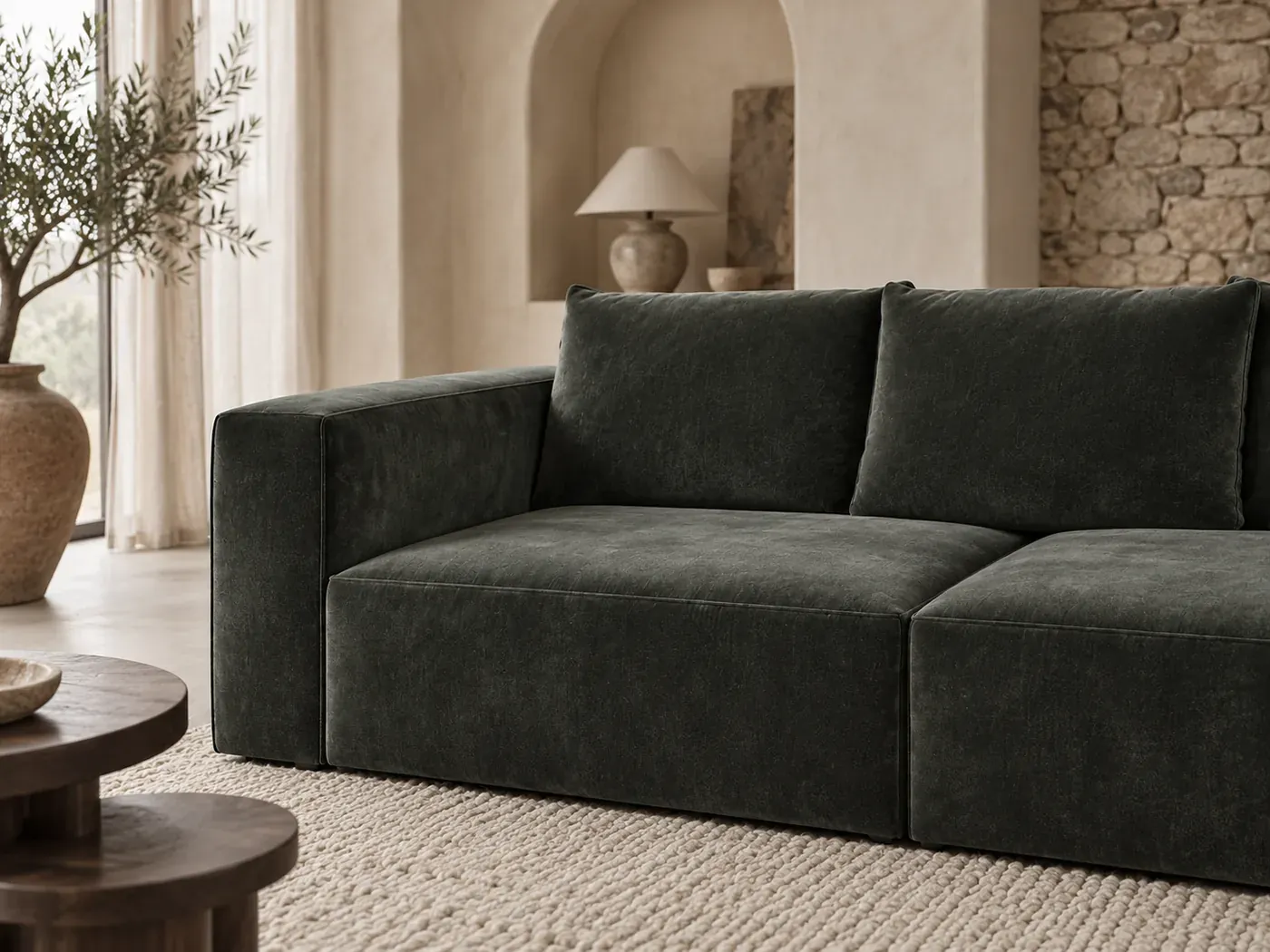Barack, 4 places droit fixe, velours, coloris vert : gros plan sur le tissu