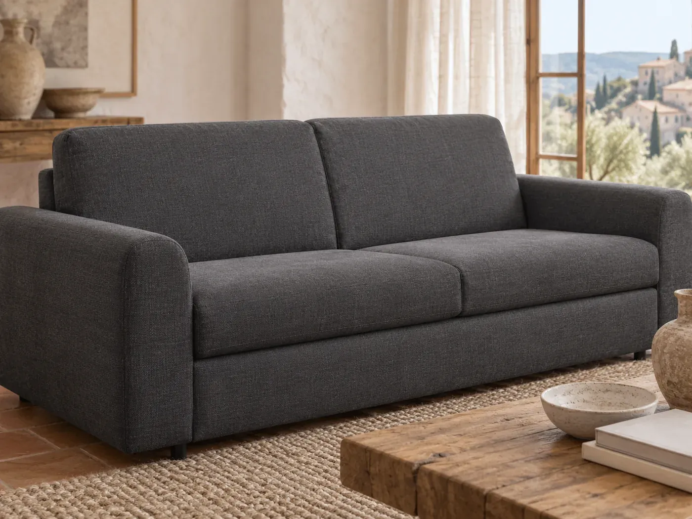 Clayve, 3 places droit convertible, coloris anthracite : gros plan sur le tissu