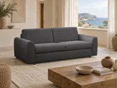 Canapé Clayve But, 3 places droit convertible, coloris anthracite, mise en situation dans un salon (illustration IA 3)