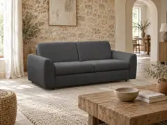Canapé Clayve But, 3 places droit convertible, coloris anthracite, mise en situation dans un salon (illustration IA 6)